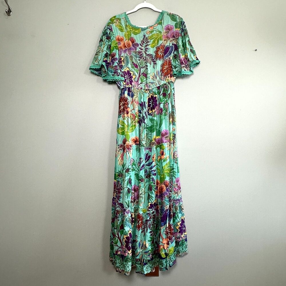ME 2 Magic Boho Maxi Dress XL Green Floral Tiered Short Sleeve Boho Resortwear - Picture 2 of 14